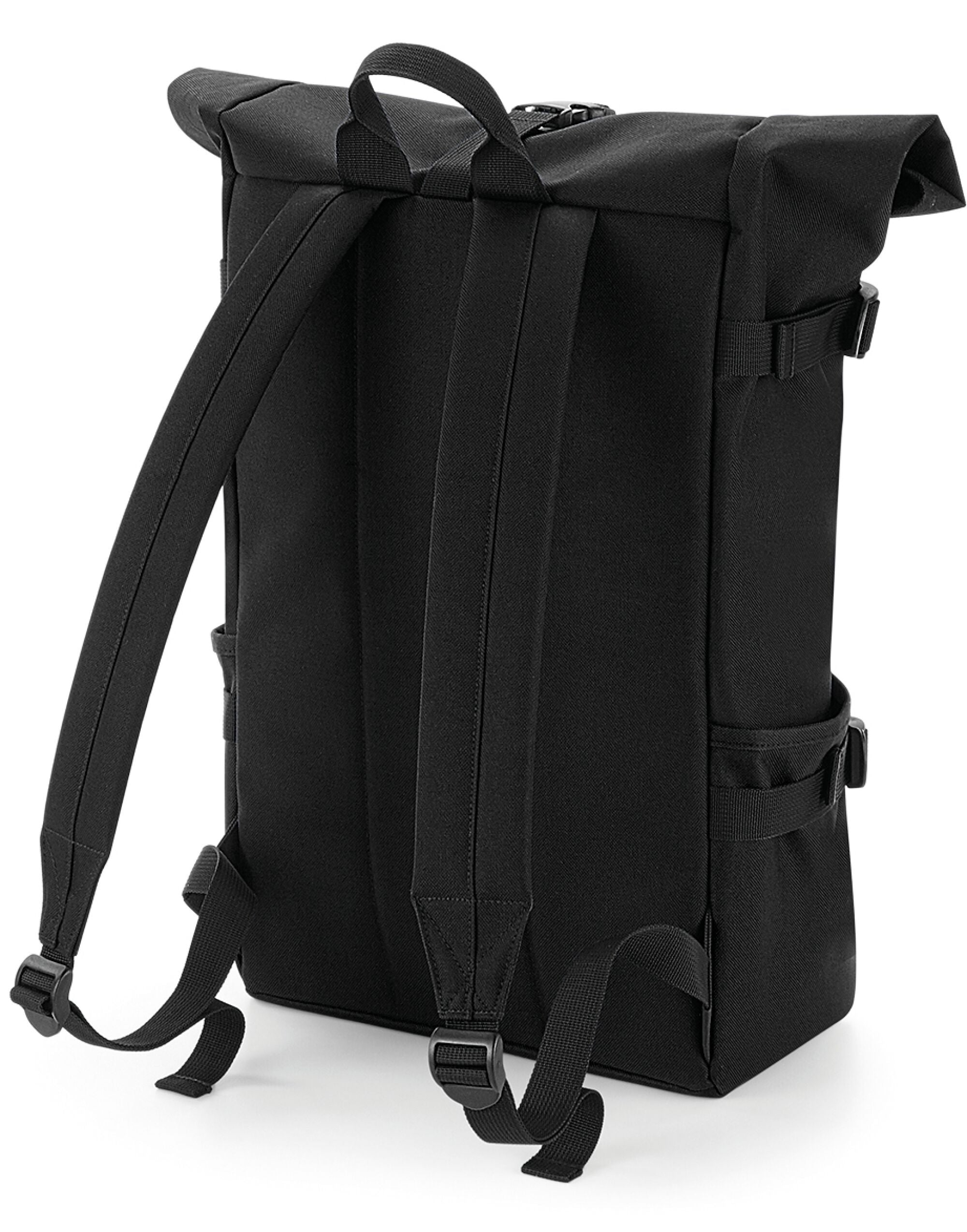 Side profile of the Bagbase Block Roll-Top Backpack, highlighting its roll-top closure and adjustable straps.