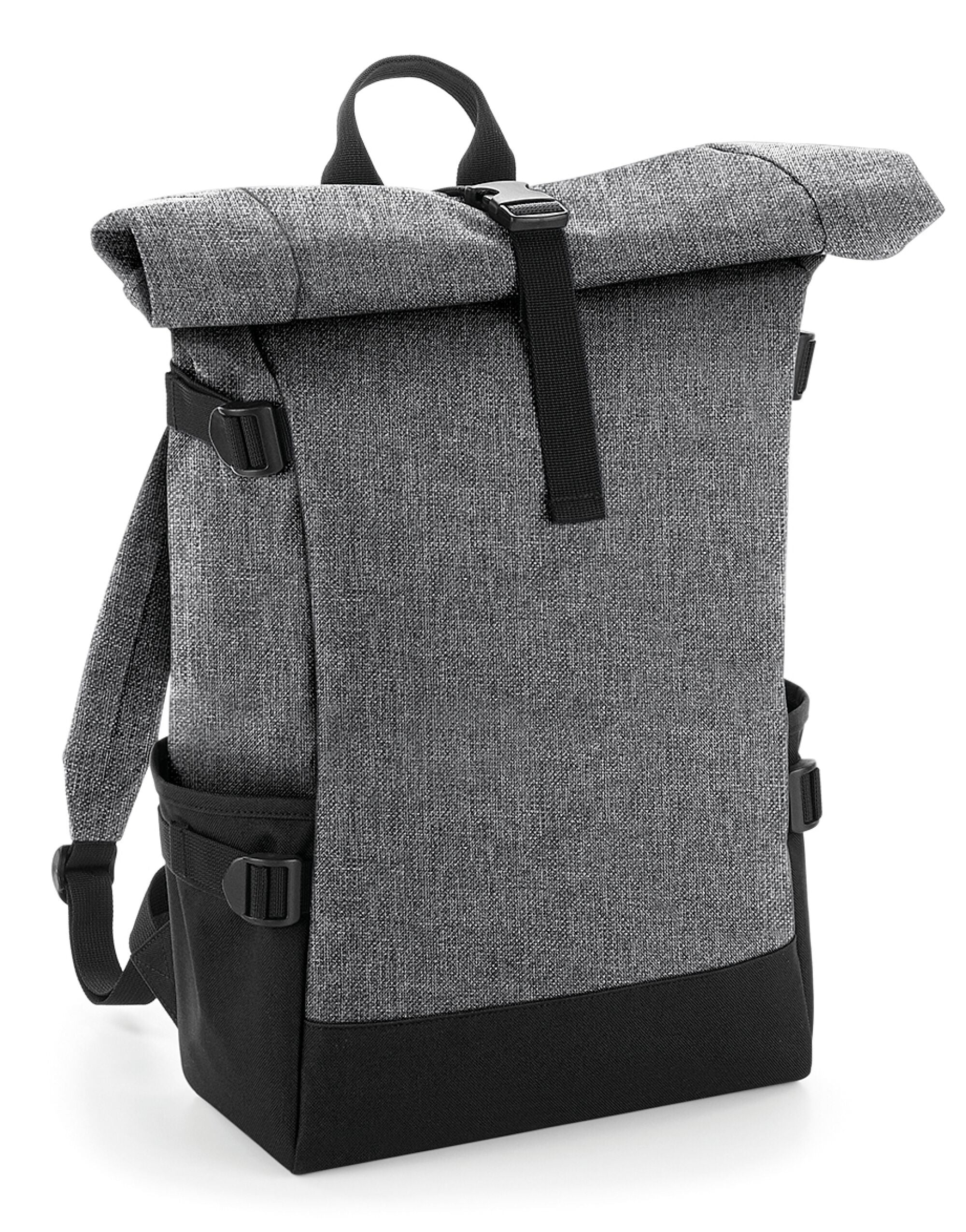 Detail shot of the Bagbase Block Roll-Top Backpack's sturdy material and secure clip fastening.