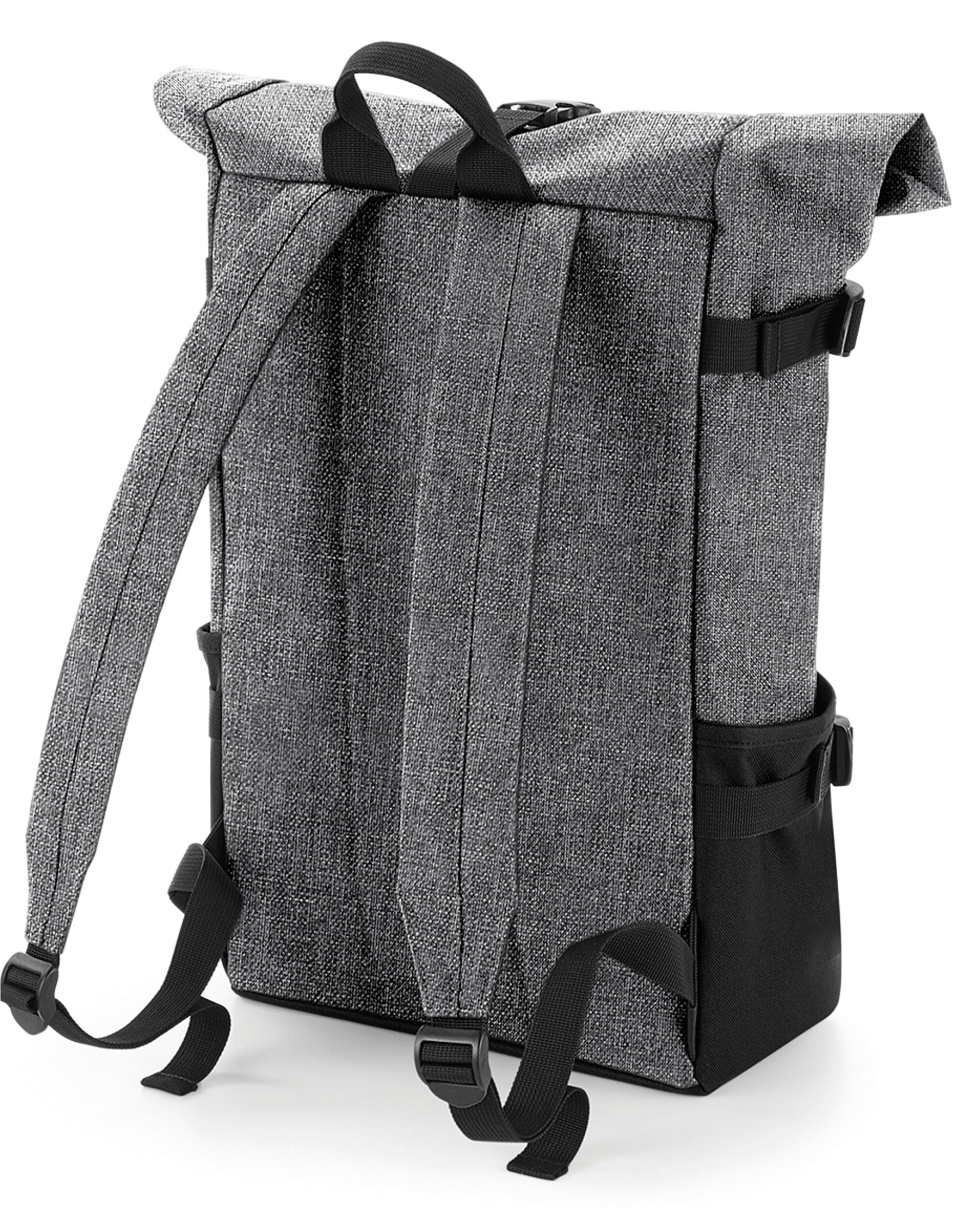 The Bagbase Block Roll-Top Backpack shown with its top unrolled, revealing the spacious main compartment.