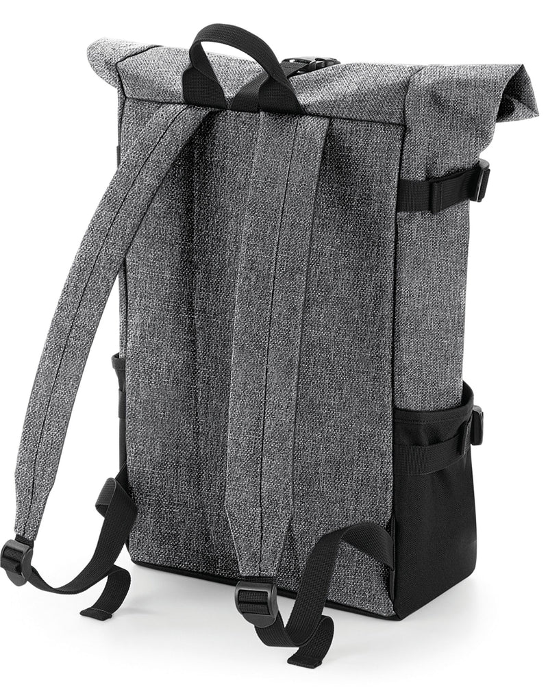 The Bagbase Block Roll-Top Backpack shown with its top unrolled, revealing the spacious main compartment.