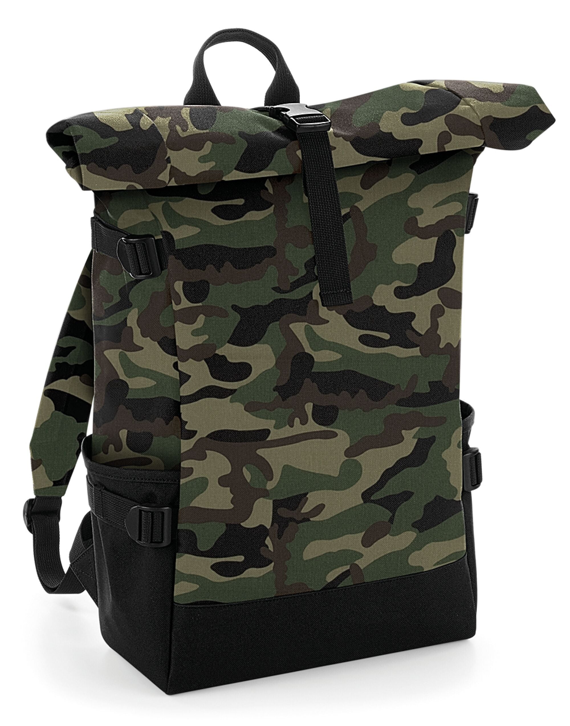 Back view of the Bagbase Block Roll-Top Backpack, displaying the padded back and shoulder straps for comfort.