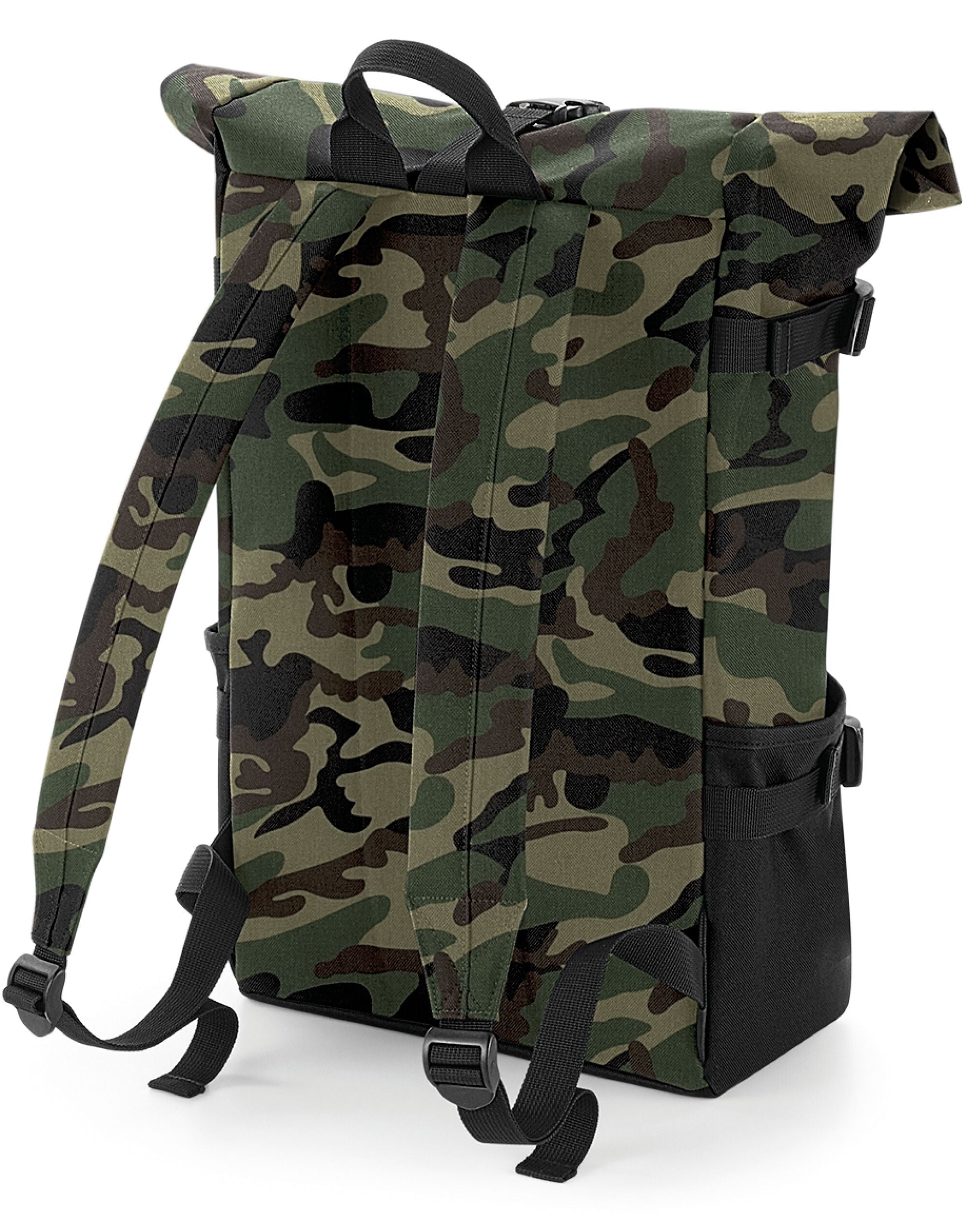 Close-up on the zippered front pocket of the Bagbase Block Roll-Top Backpack, ideal for storing small essentials.