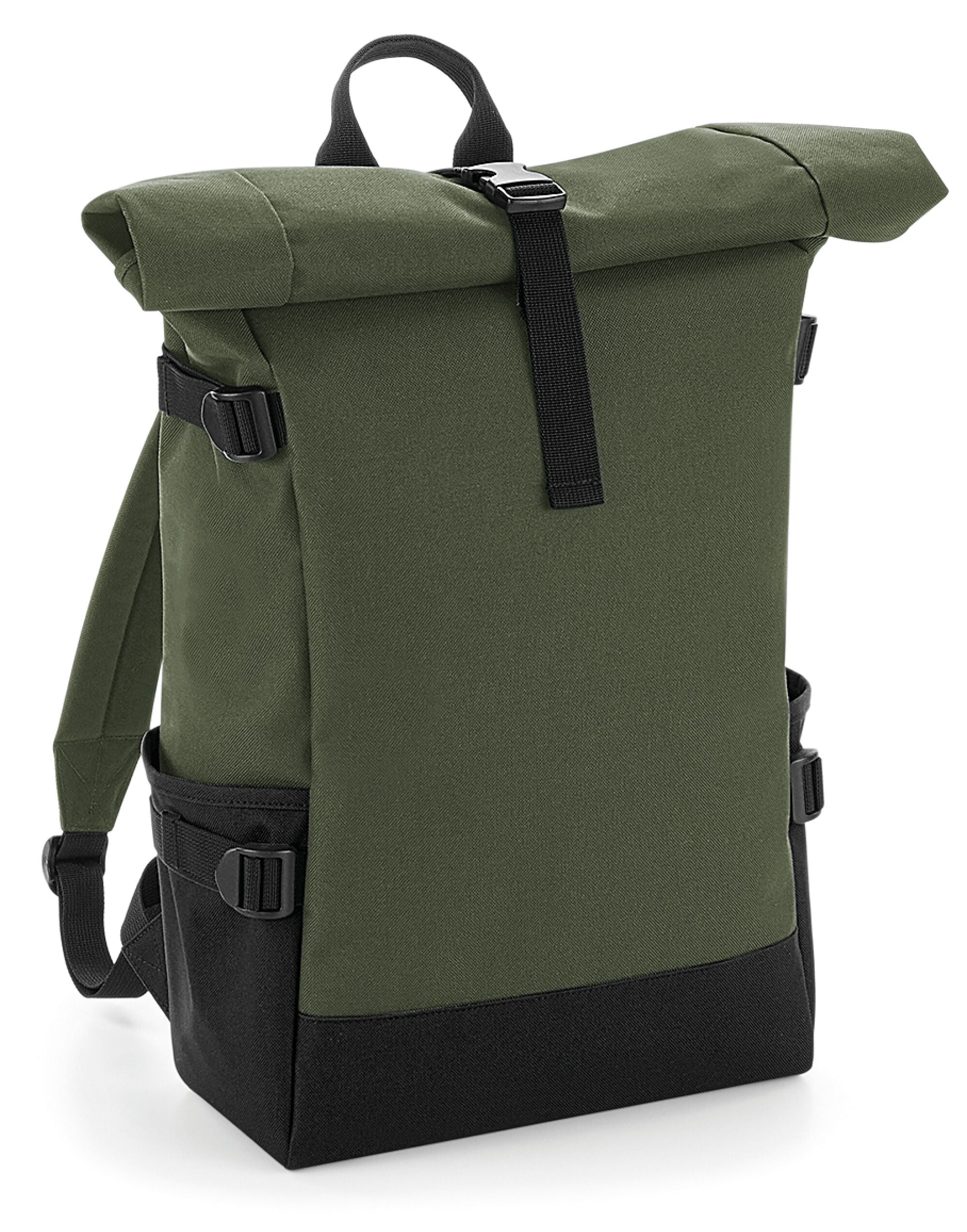 Three-quarter view of the stylish black and grey Bagbase Block Roll-Top Backpack on a white background.