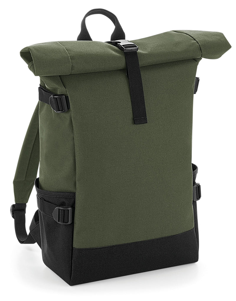 Three-quarter view of the stylish black and grey Bagbase Block Roll-Top Backpack on a white background.