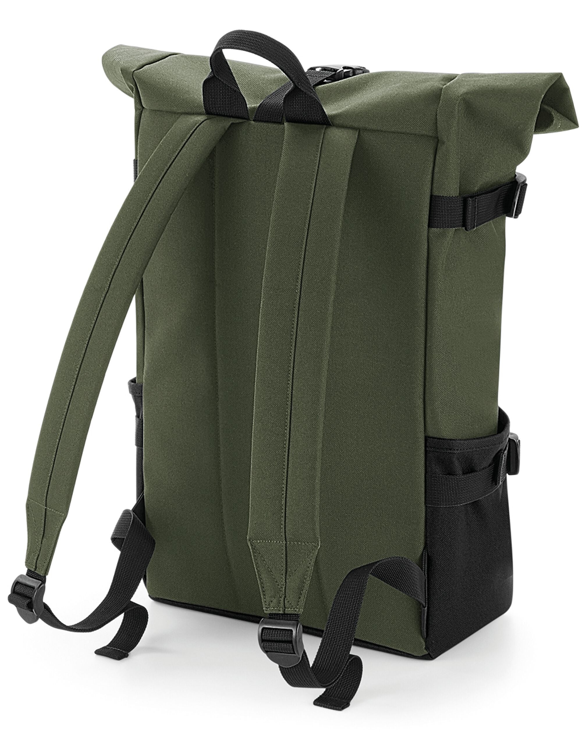 The navy and blue Bagbase Block Roll-Top Backpack, presented to highlight its modern and urban aesthetic.