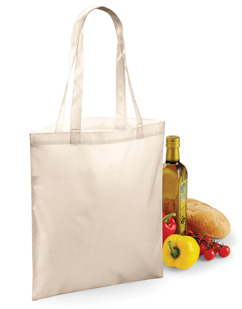 Front view of the Bagbase Sublimation Shopper bag, featuring a large, white printable panel and black handles.