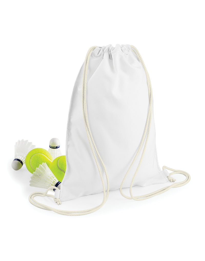 A person wearing the Bagbase Sublimation Gymsac to show its size and how it's worn.