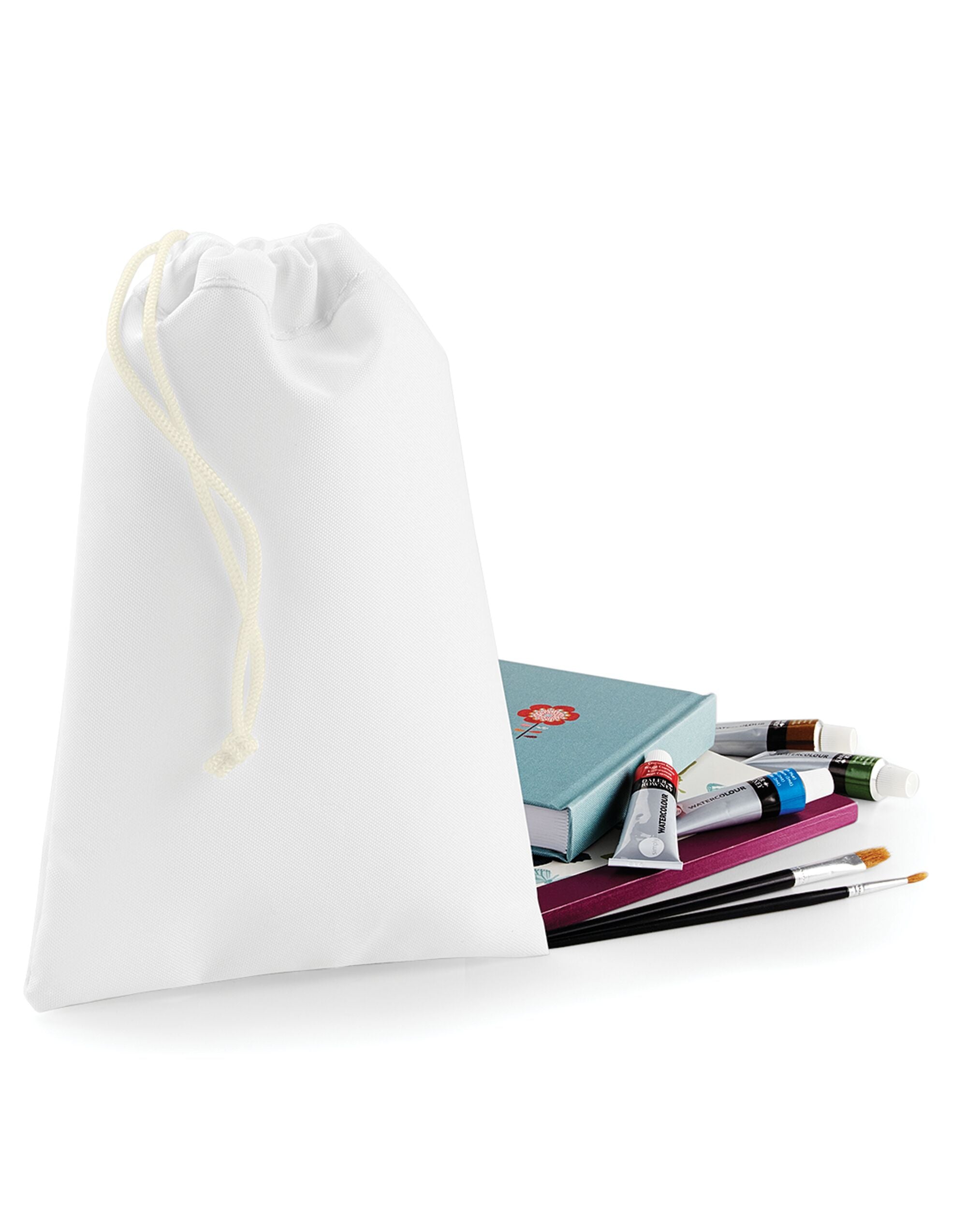 Front view of the white Bagbase Sublimation Stuff Bag, a versatile pouch with a drawstring closure.