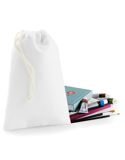 Front view of the white Bagbase Sublimation Stuff Bag, a versatile pouch with a drawstring closure.