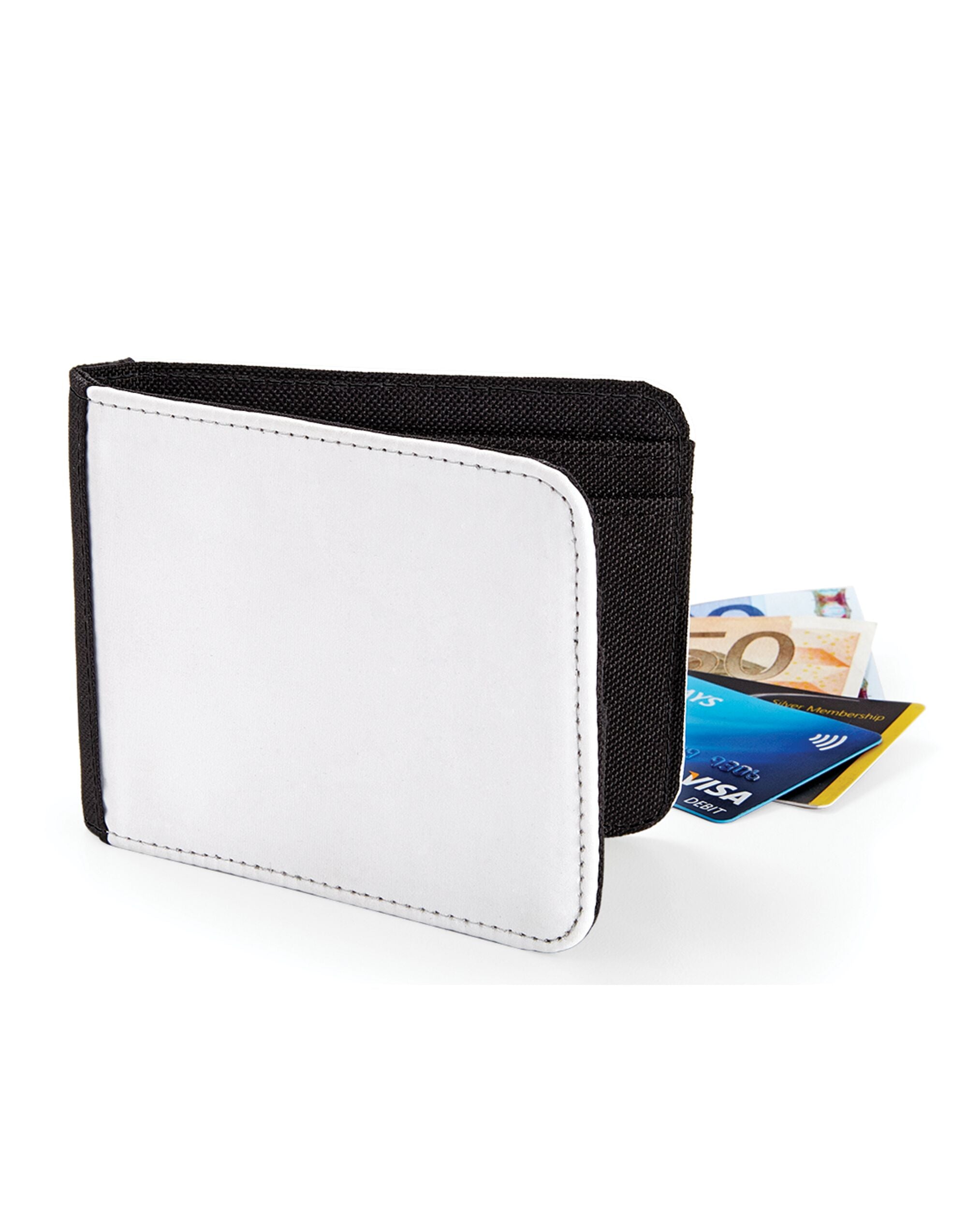 The Bagbase Sublimation Wallet shown open, displaying its practical layout for cards and cash.