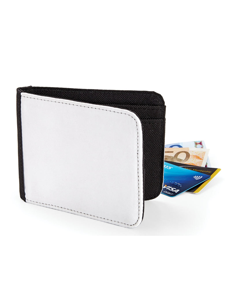 The Bagbase Sublimation Wallet shown open, displaying its practical layout for cards and cash.