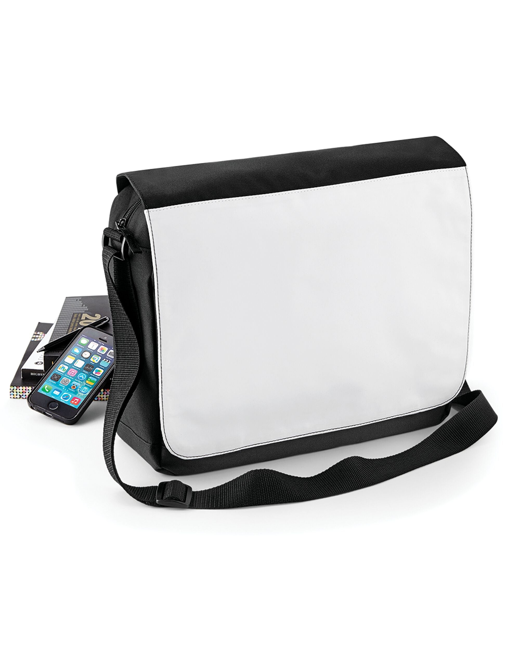The Bagbase Sublimation Messenger Bag with its flap open, revealing the main compartment and organizer section.