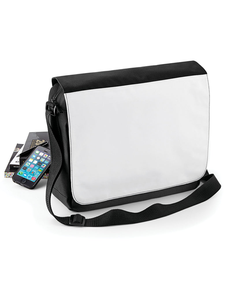 The Bagbase Sublimation Messenger Bag with its flap open, revealing the main compartment and organizer section.