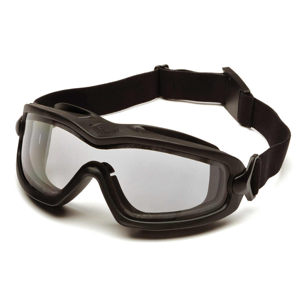 Supertouch Pyramex V2G Plus anti-fog safety goggles with a black frame.