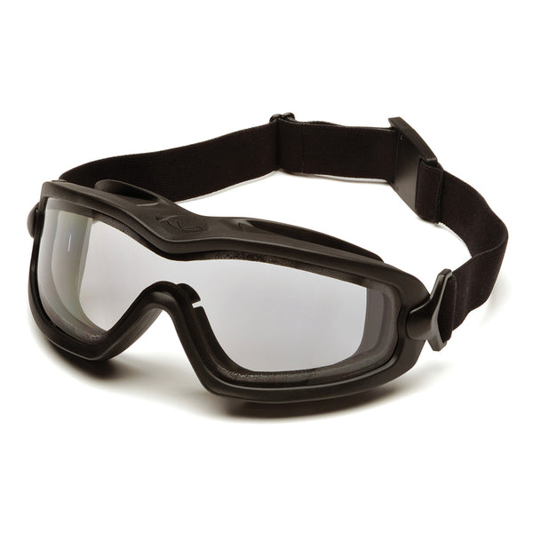 Supertouch Pyramex V2G Plus anti-fog safety goggles with a black frame.