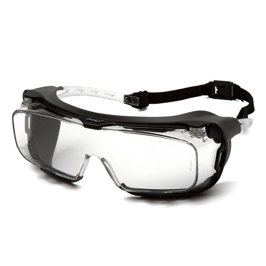 Pyramex Cappture safety spectacle with clear anti-fog and rubber seal.