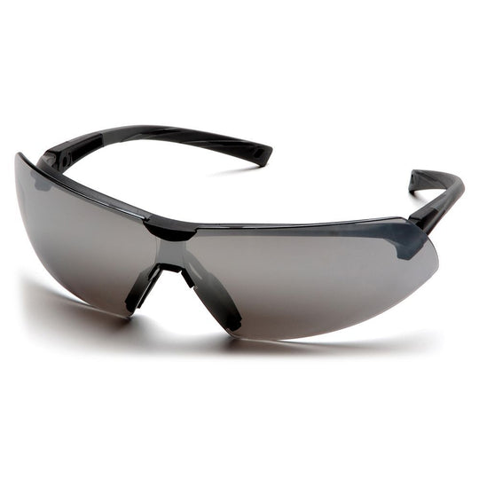 Supertouch Pyramex Onix safety spectacles with a silver mirror suspended lens.