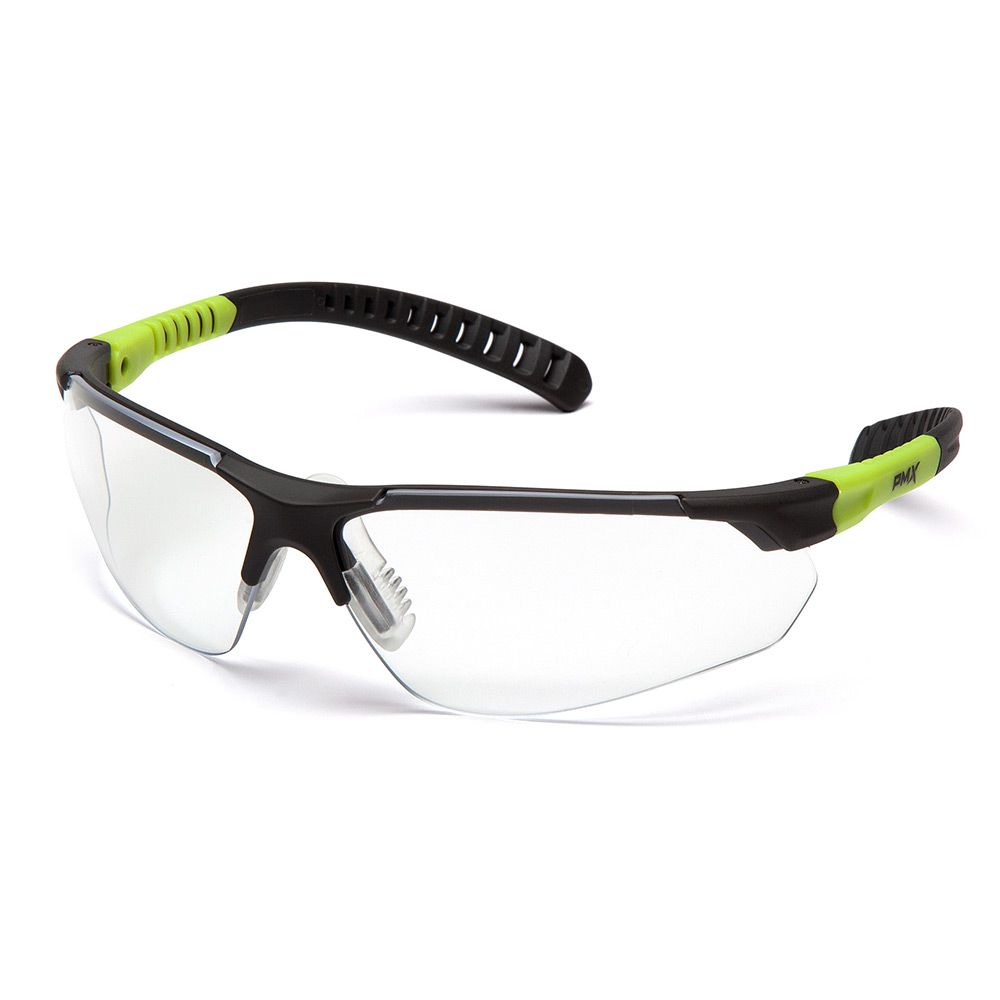 Pyramex Sitecore safety glasses with black and lime frame, clear lens, sporty design for eye protection.