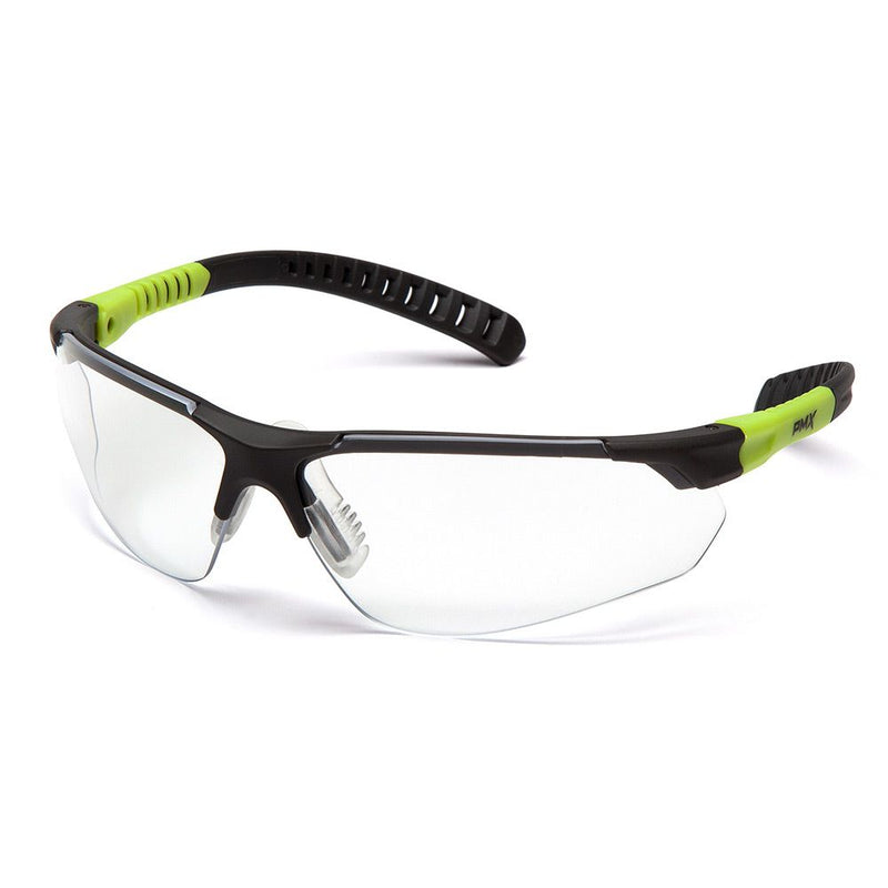 Pyramex Sitecore safety glasses with black and lime frame, clear lens, sporty design for eye protection.