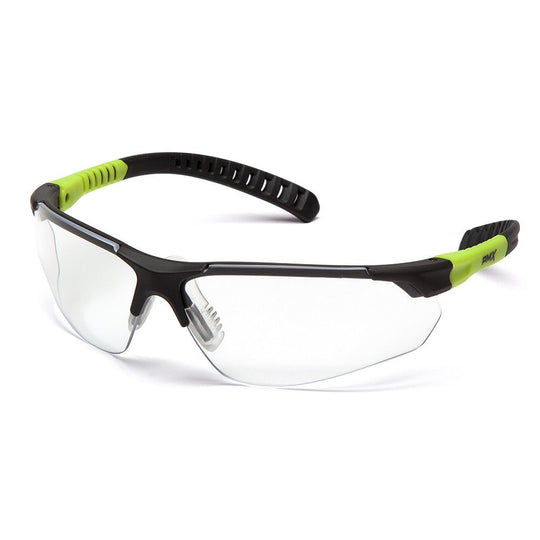 Pyramex Sitecore safety glasses with black and lime frame, clear lens, sporty design for eye protection.