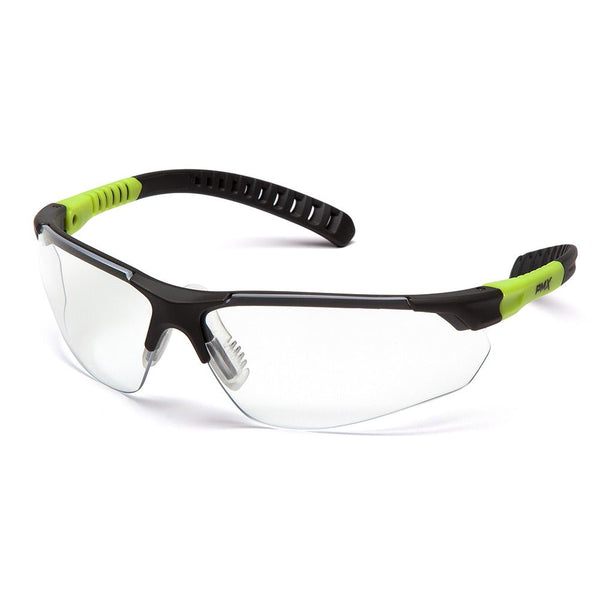 Pyramex Sitecore safety glasses with black and lime frame, clear lens, sporty design for eye protection.