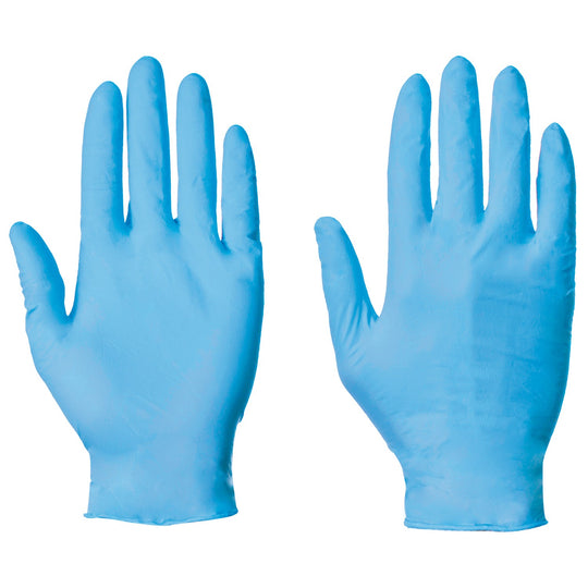 A pair of Supertouch 55 powder-free disposable nitrile gloves.