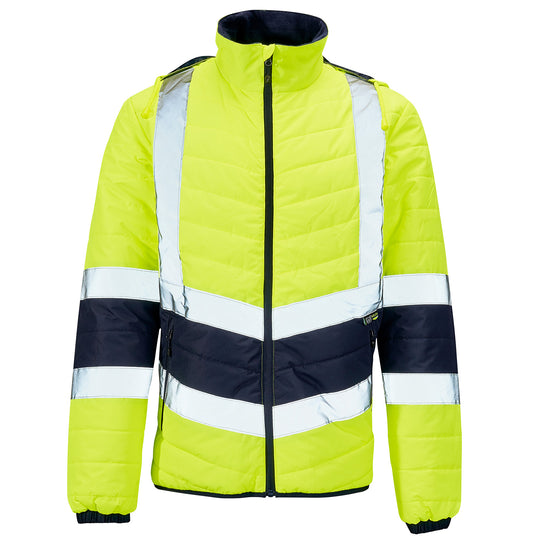 Front of Supertouch hi-vis yellow and navy two-tone puffer jacket.