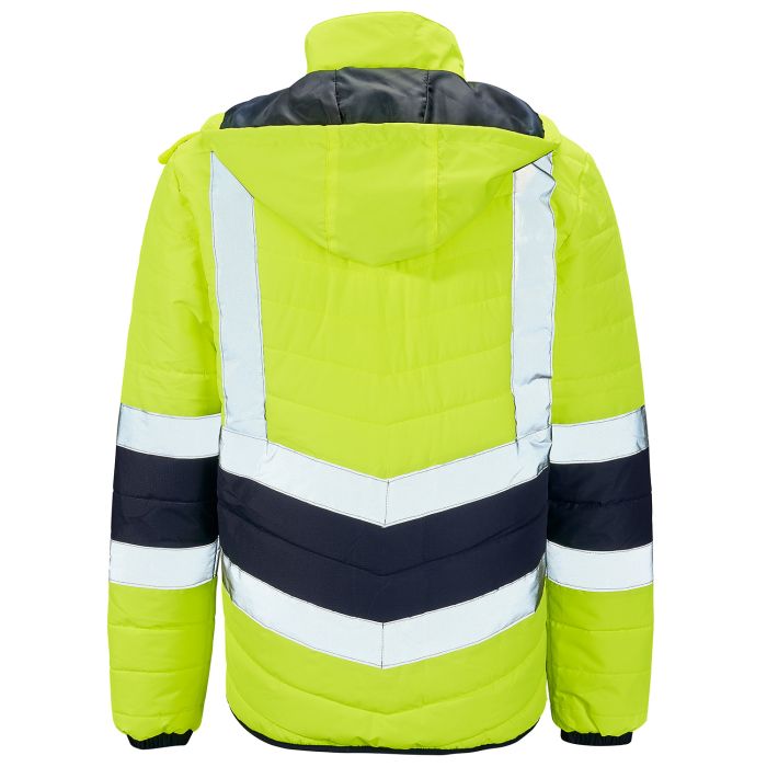 Back of the Supertouch hi-vis yellow and navy puffer jacket.