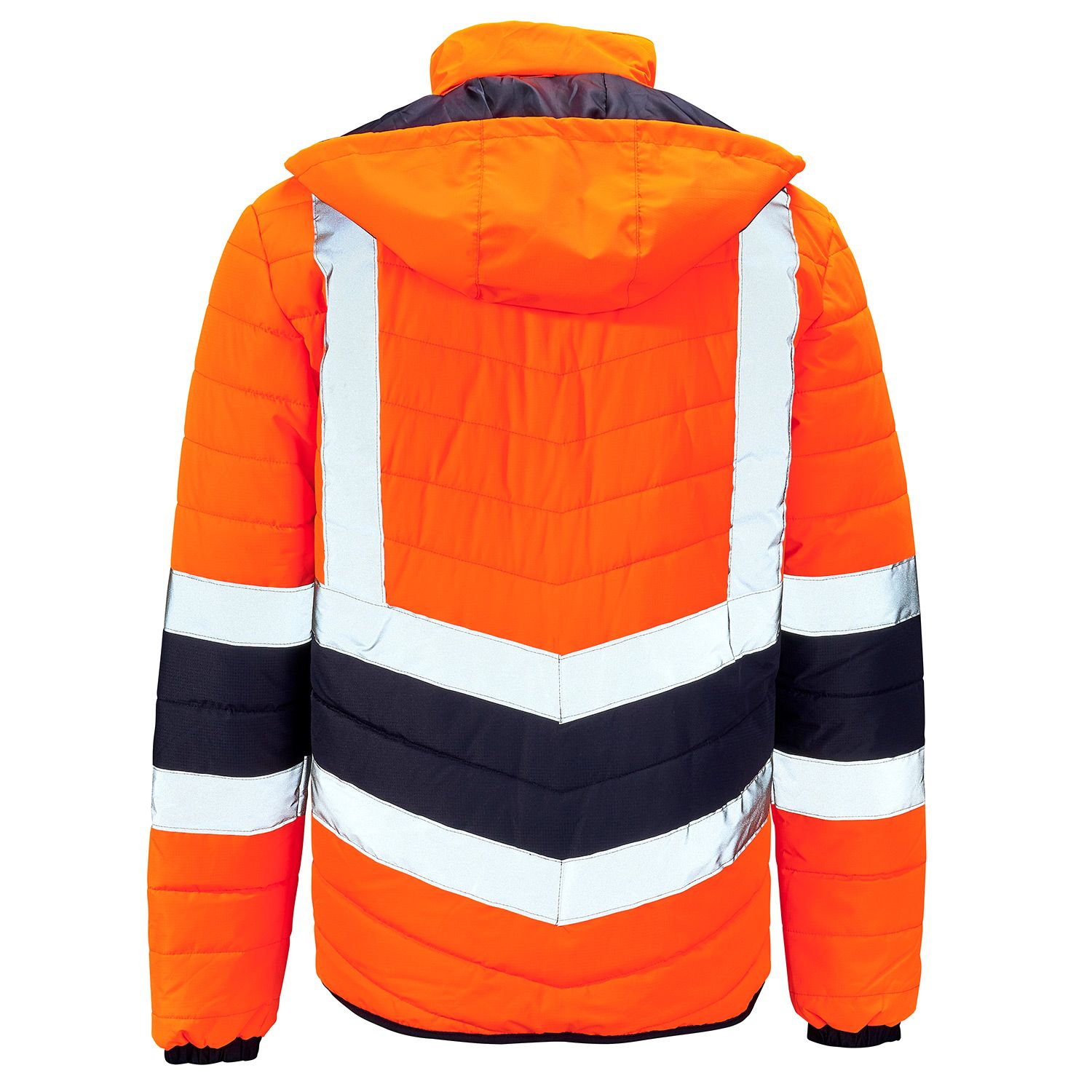 Alternate back view of the hi-vis yellow two-tone puffer jacket.