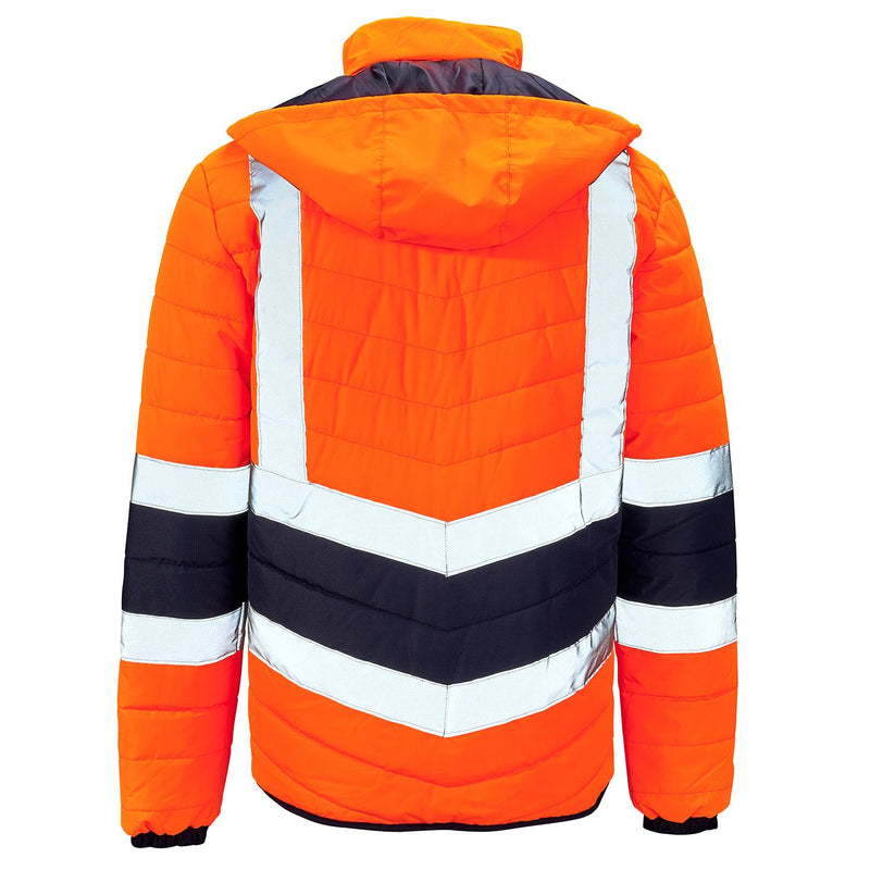 Alternate back view of the hi-vis yellow two-tone puffer jacket.
