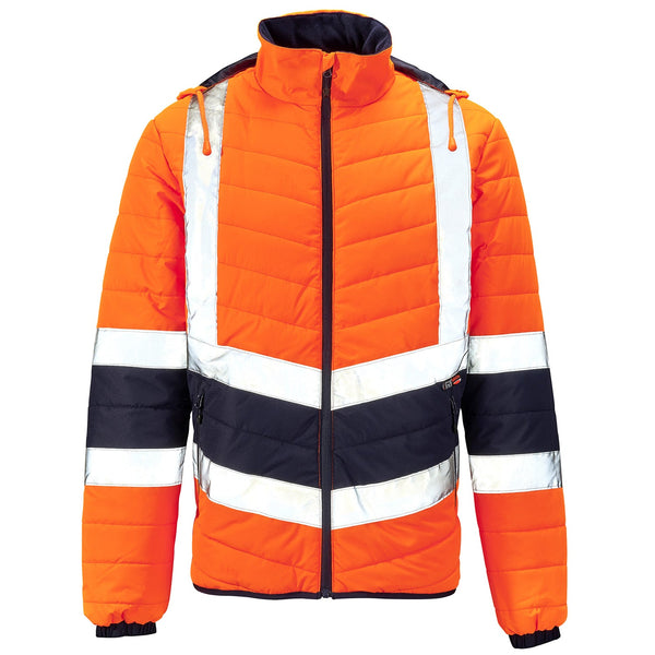 Alternate front view of the hi-vis yellow two-tone puffer jacket.
