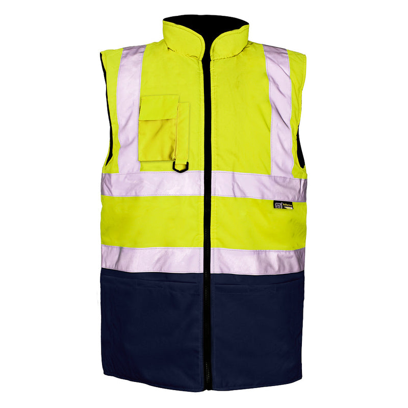 Supertouch hi-vis yellow and navy two-tone work bodywarmer.