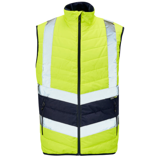 Supertouch hi-vis yellow and navy two-tone puffer bodywarmer.