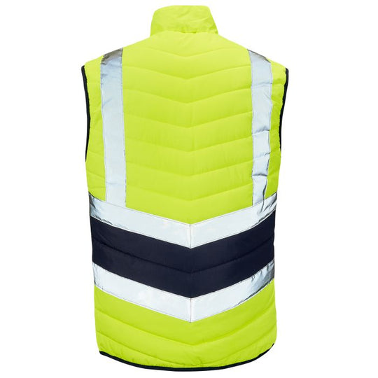 Back of the Supertouch hi-vis yellow two-tone puffer bodywarmer.