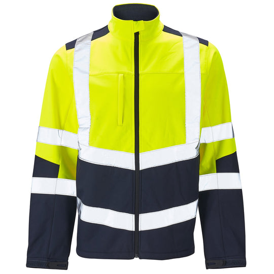 Supertouch hi-vis two-tone yellow and navy softshell work jacket.