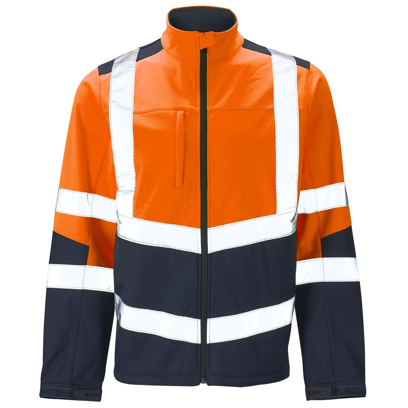 Supertouch hi-vis two-tone orange and navy softshell work jacket.