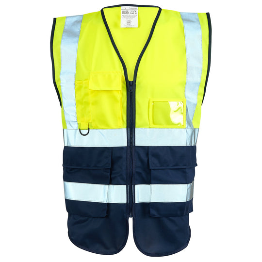 Supertouch hi-vis yellow and navy two-tone executive safety vest.