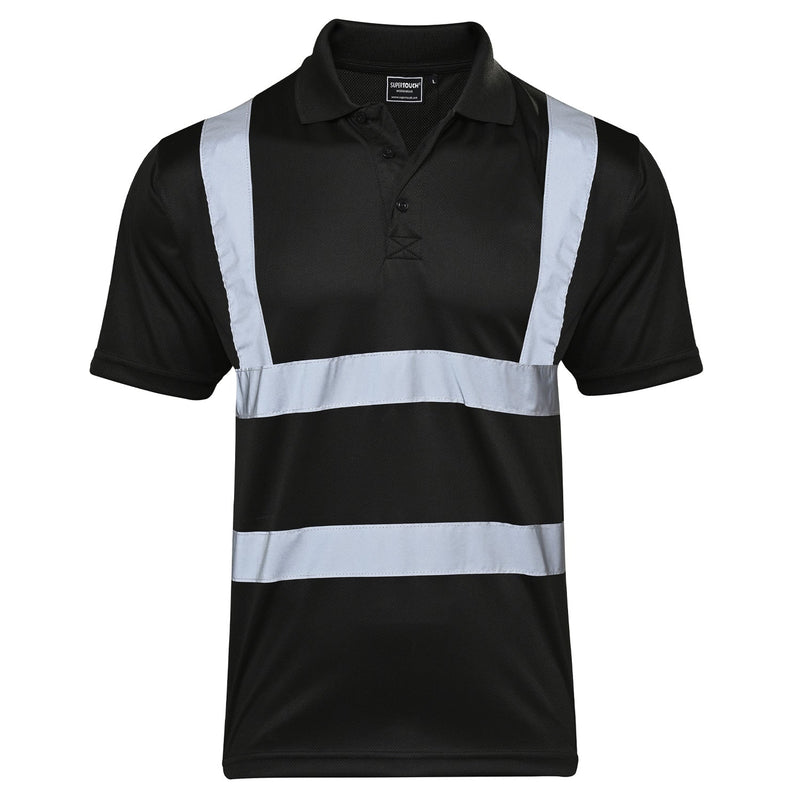 Supertouch hi-vis black polo shirt with reflective yellow bands.