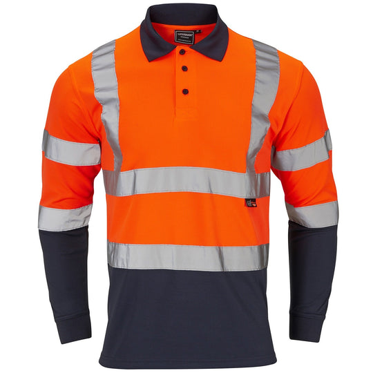 Supertouch hi-vis orange and navy two-tone long-sleeve polo shirt.