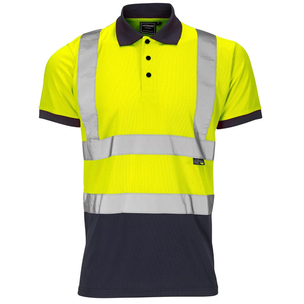 Supertouch hi-vis yellow and navy two-tone short-sleeve polo shirt.
