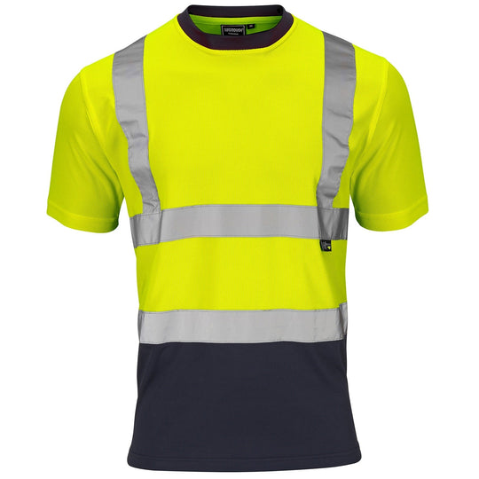 Supertouch hi-vis two-tone yellow and navy short-sleeve t-shirt.