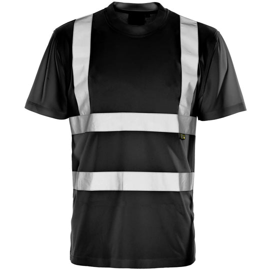 Supertouch hi-vis black t-shirt with yellow reflective bands.