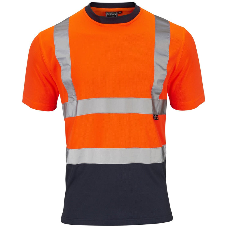 Supertouch hi-vis two-tone orange and navy short-sleeve t-shirt.