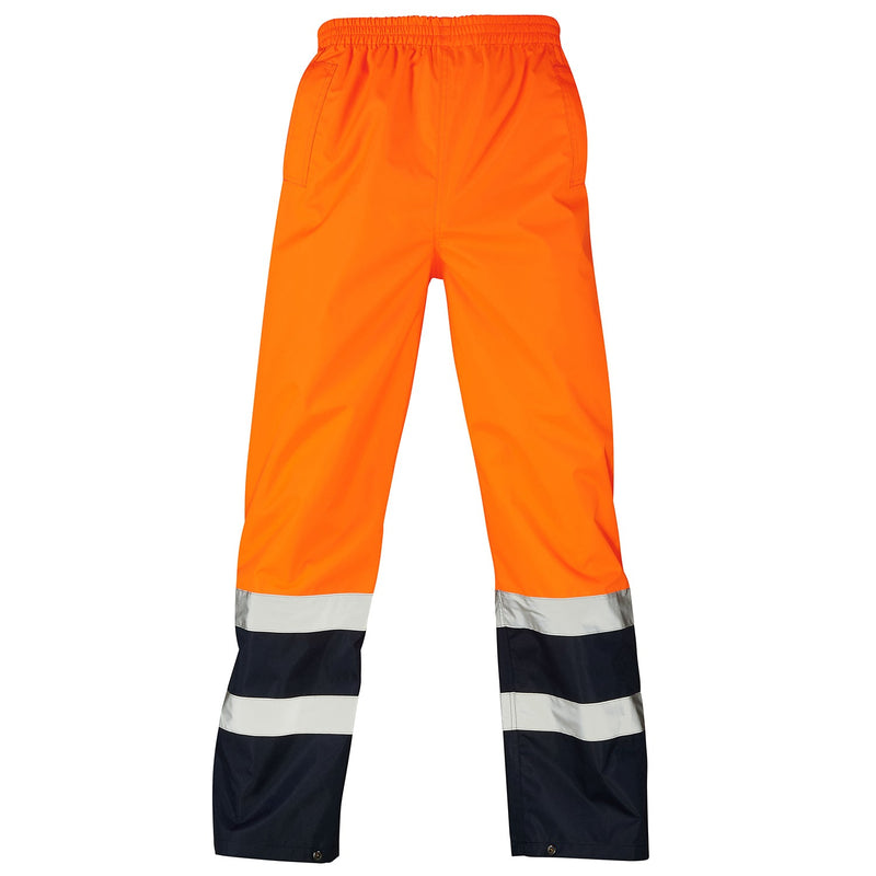 Supertouch hi-vis orange and navy two-tone waterproof overtrousers.