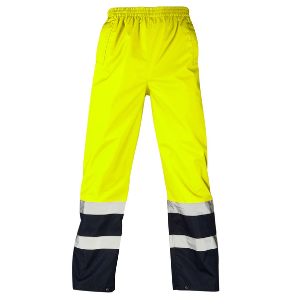 Supertouch hi-vis yellow and navy two-tone waterproof overtrousers.