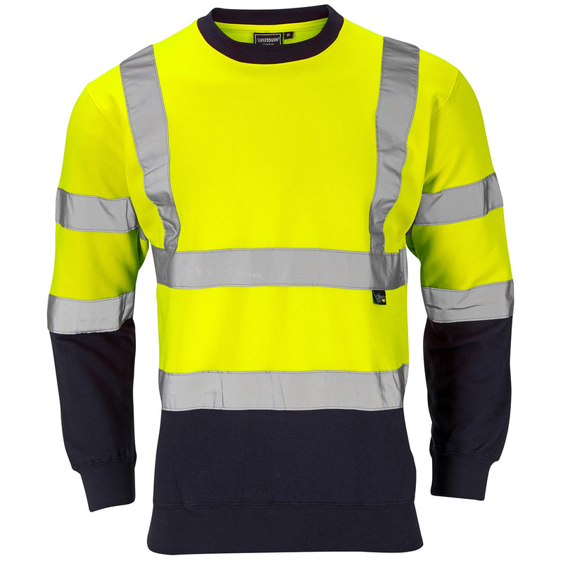 Front of Supertouch hi-vis two-tone sweatshirt in yellow and navy.