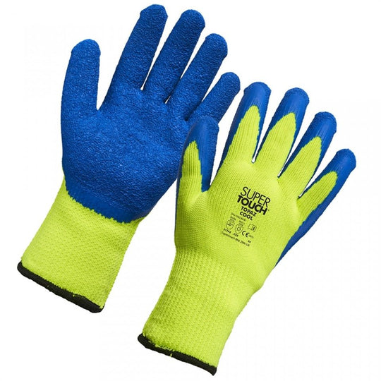 Palm view of the Supertouch New Topaz Cool glove with detailed grip texture.