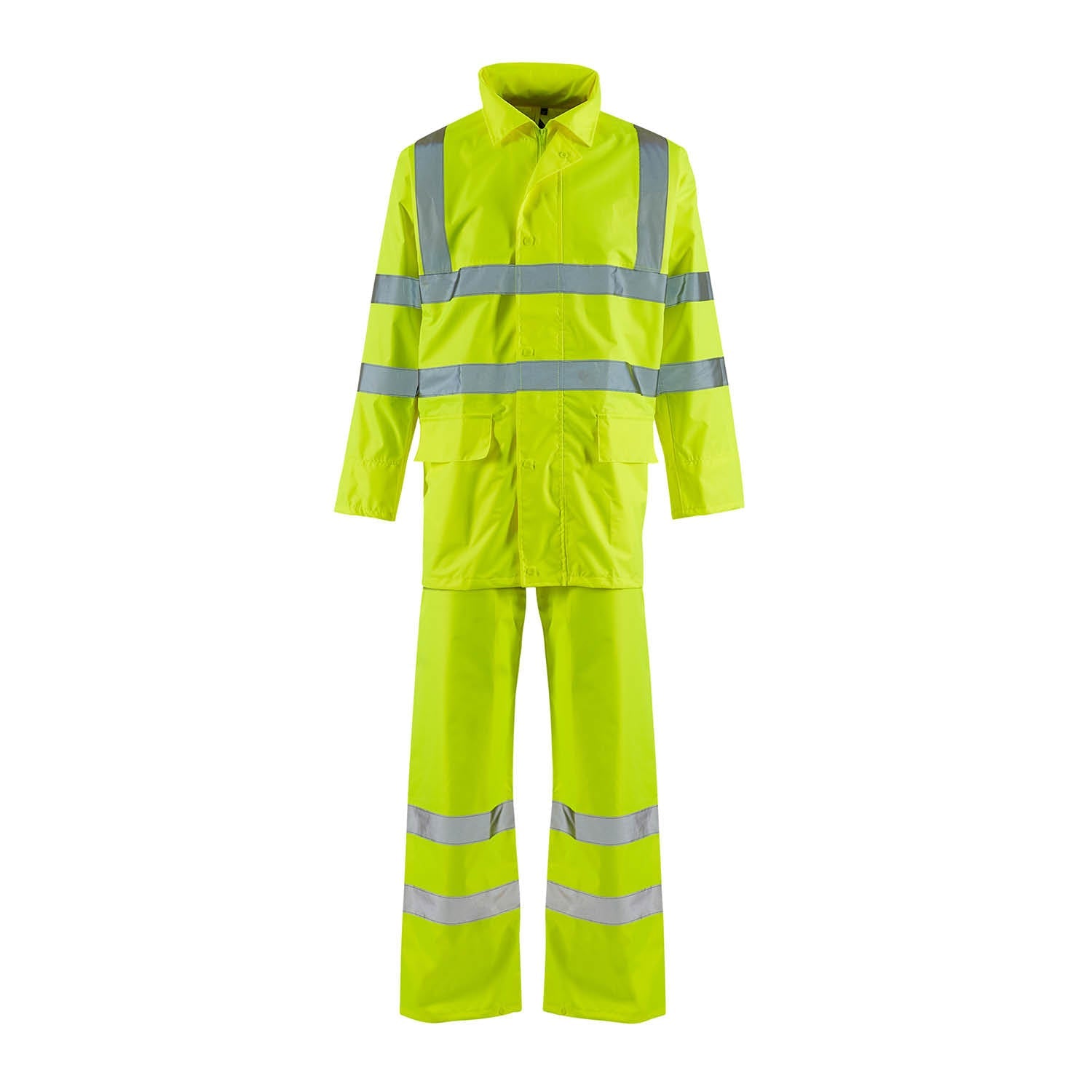 Supertouch hi-vis yellow lightweight waterproof rain suit.
