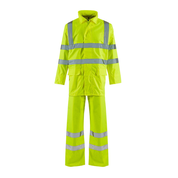 Supertouch hi-vis yellow lightweight waterproof rain suit.