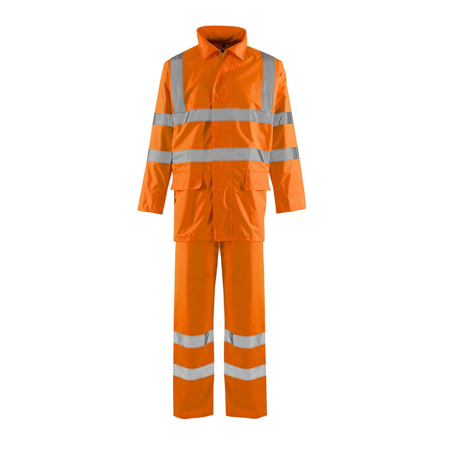 Supertouch hi-vis orange lightweight waterproof rain suit.